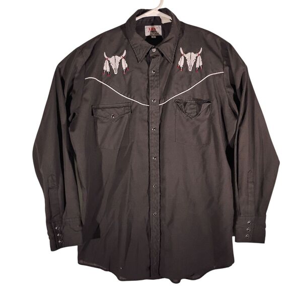 Ely Diamond pearl snap shirt mens L Large black skull embroidered feather - Picture 1 of 9